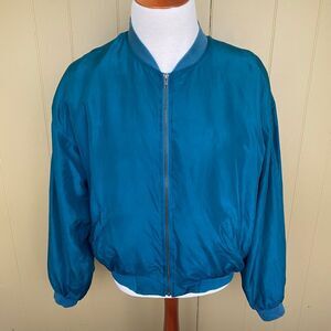 Tulliano men L 100% silk full zip mock collar longsleeve jacket teal green color